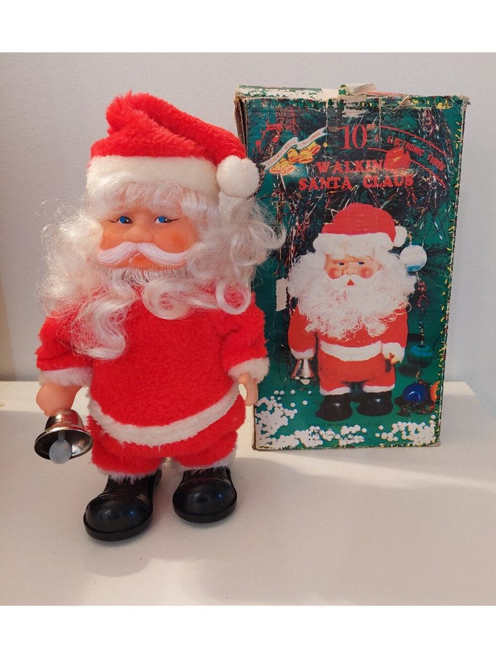Vintage 10" Vinyl Plush Walking Santa with Bell Music in Box - Untested - Picture 1 of 2